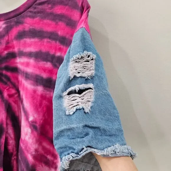 Womens Y2K Tie Dye Distressed Jean T-Shirt Plus Size 3X Pink Blue Cropped Boho - Picture 4 of 10